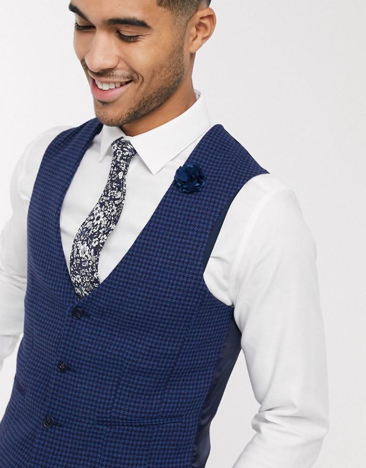 Asos Design Wedding Super Skinny Suit Suit Vest In Blue Wool Blend Micro Houndstooth-blues