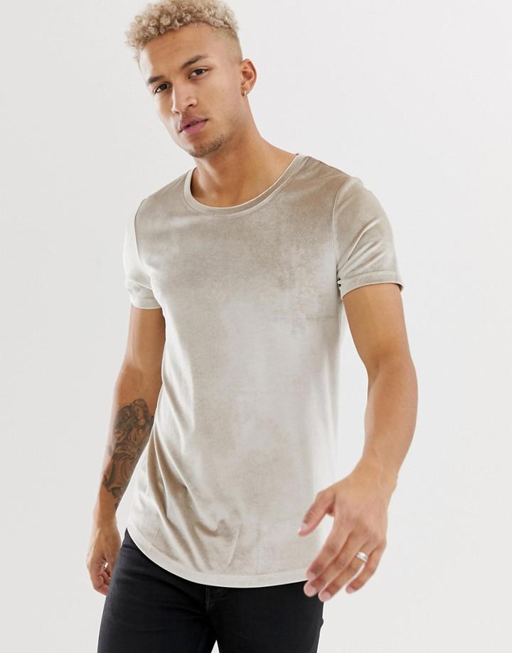 Asos Design Longline Velour T-shirt With Curved Hem And Scoop Neck In Beige - Beige