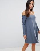 Asos Babylock Rib Off Shoulder Mini Dress - Gray