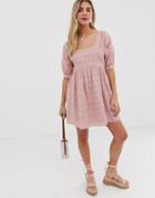 Asos Design Mini Smock Dress In Textured Check-pink
