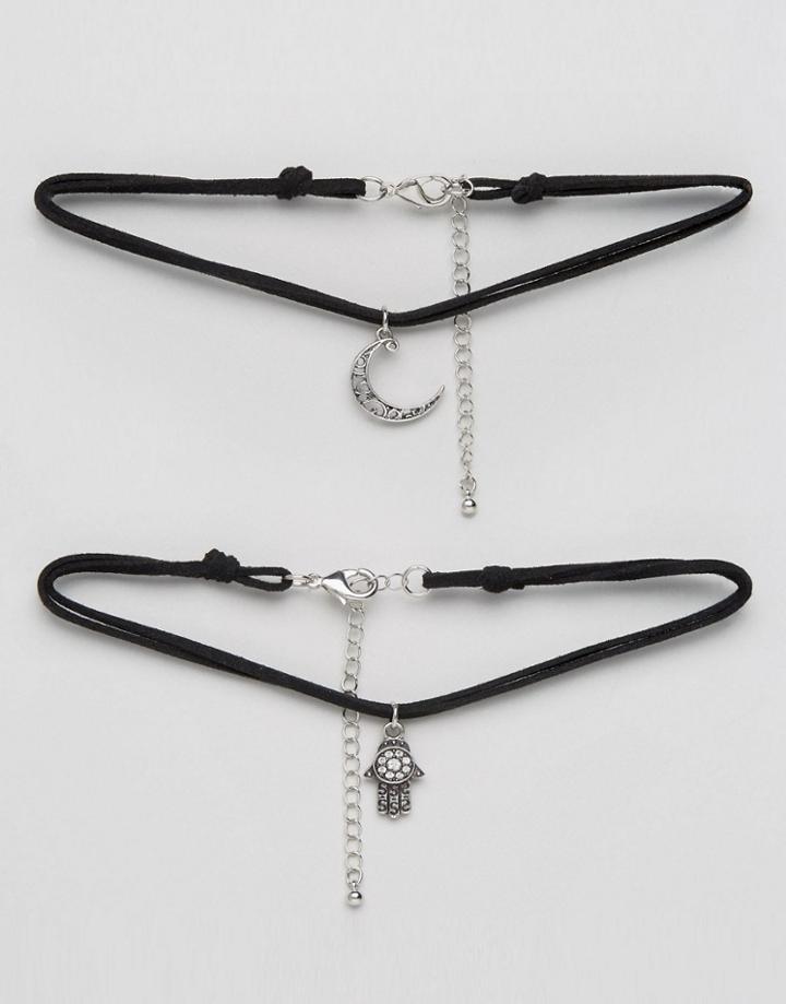 Asos Pack Of 2 Hamsa & Moon Cord Choker Necklaces - Silver