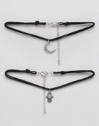 Asos Pack Of 2 Hamsa & Moon Cord Choker Necklaces - Silver
