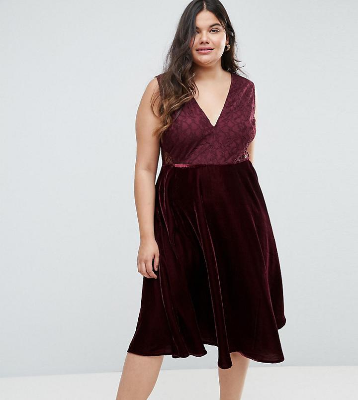 Asos Curve Lace Insert Velvet Paneled Midi Dress - Red