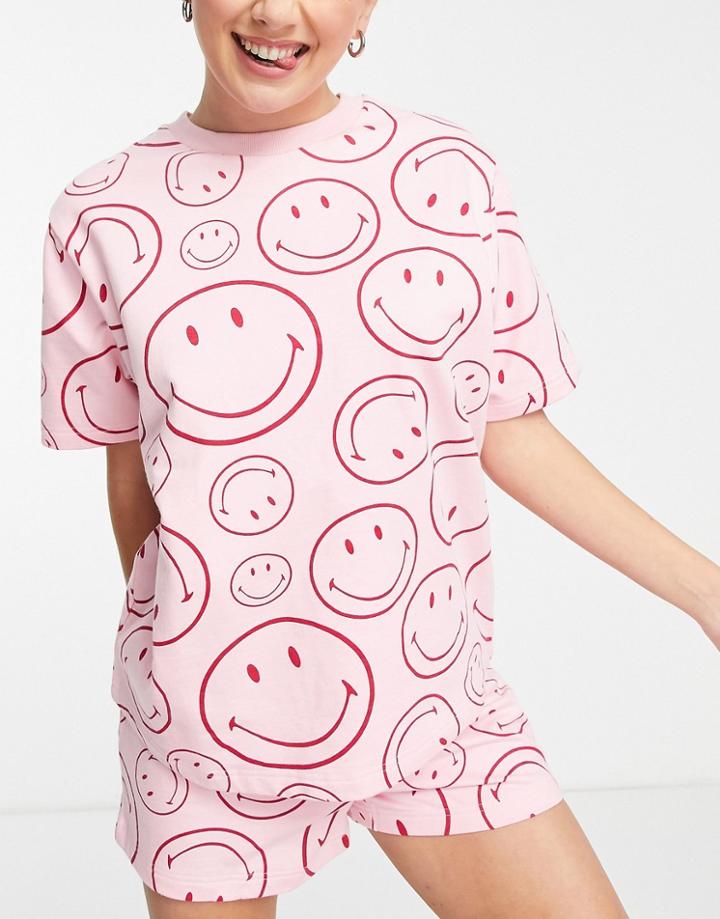 Asos Design Lounge Smiley Brushed Sweat Tee & Short Set In Pink