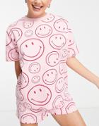 Asos Design Lounge Smiley Brushed Sweat Tee & Short Set In Pink