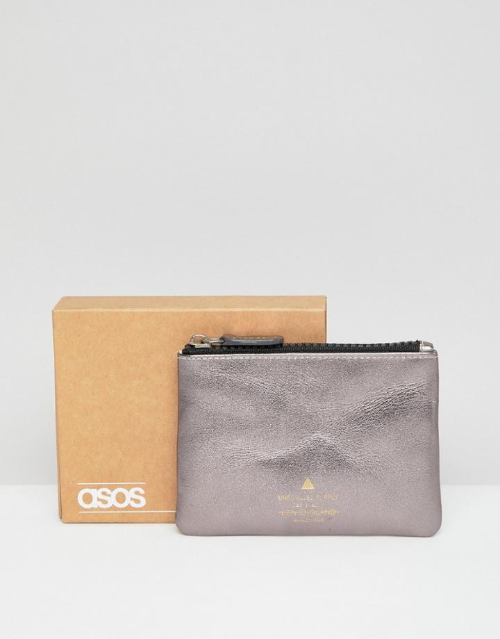Asos Design Leather Zip Around Wallet In Metallic With Foil Logo Emboss - Silver