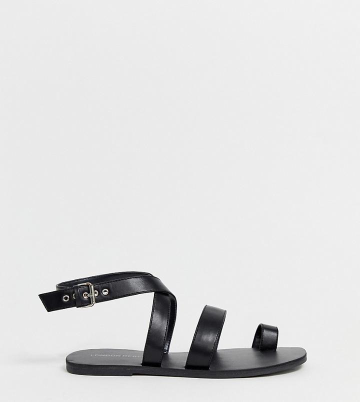 London Rebel Wide Fit Toe Loop Flat Sandals - Black