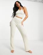 Asos Design Knit Wide Leg Pants In Natural Boucle Yarn - Part Of A Set-white