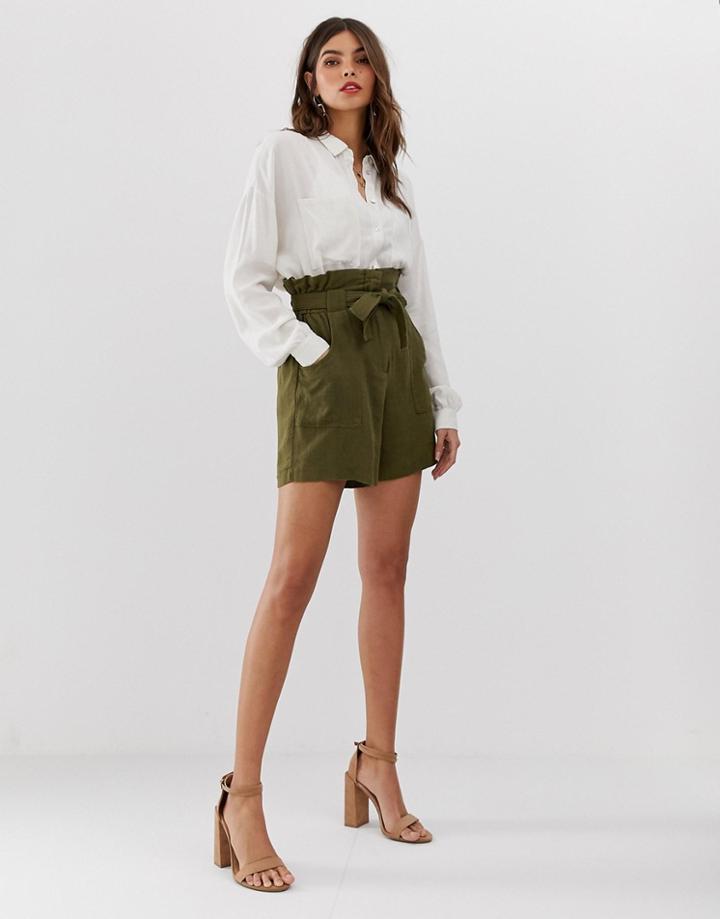 Vila Linen Tie Waist Short - Green