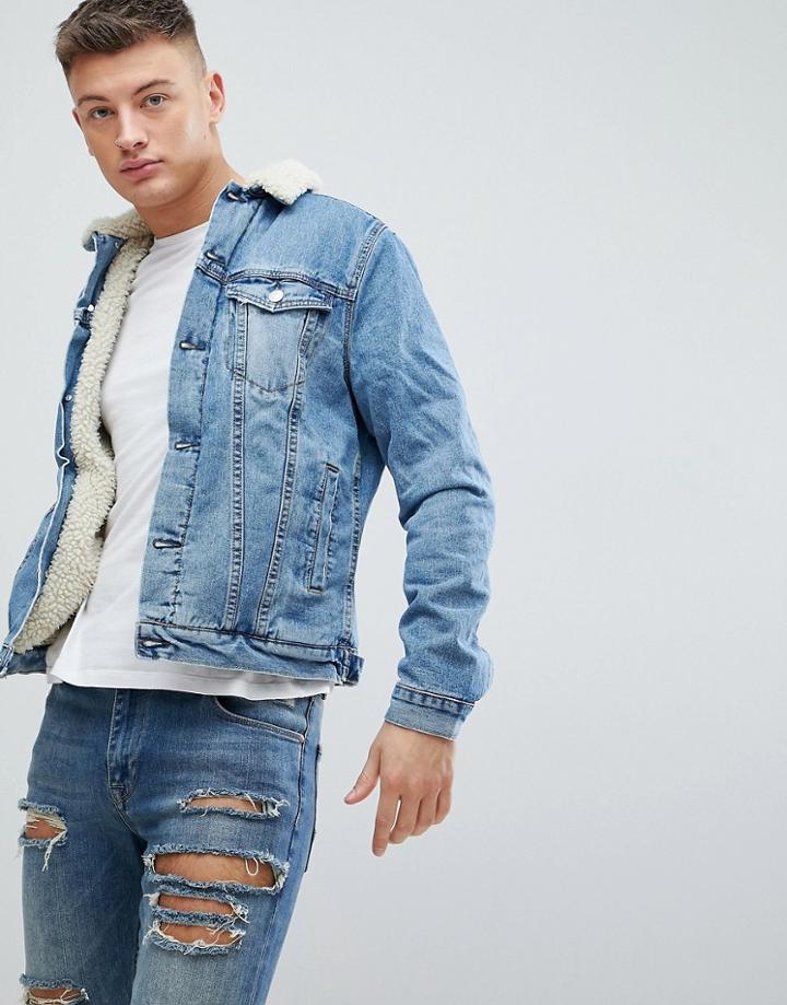 New Look Borg Denim Jacket In Mid Blue Wash - Blue