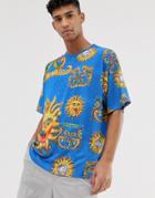 Asos Design Oversized T-shirt With Splice Sun Print-blue