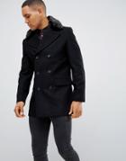 French Connection Double Breasted Wool Rich Pea Coat With Faux Fur Collar-black