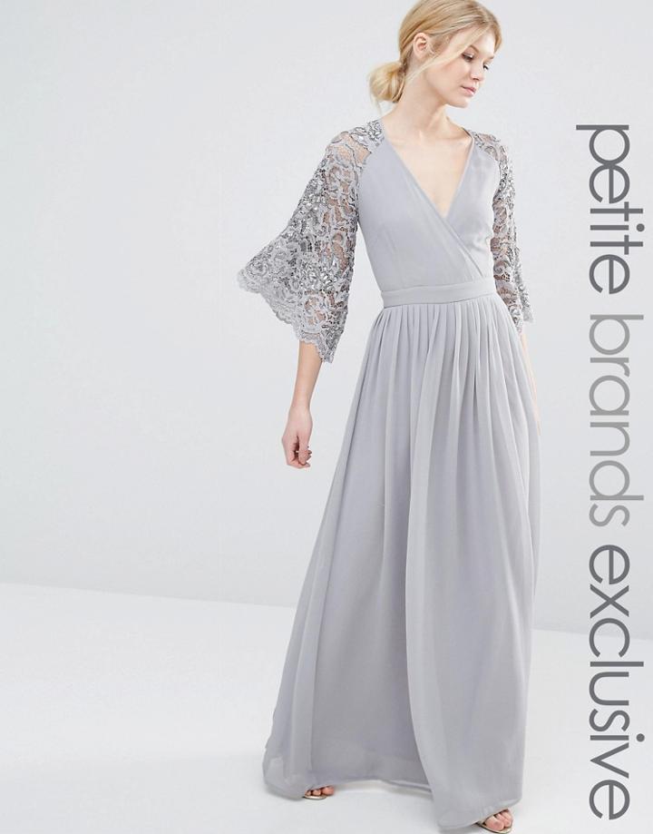 Maya Petite Wrap Front Pleated Maxi Dress With Lace Sleeve - Gray