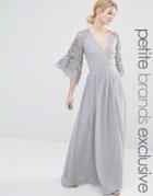 Maya Petite Wrap Front Pleated Maxi Dress With Lace Sleeve - Gray