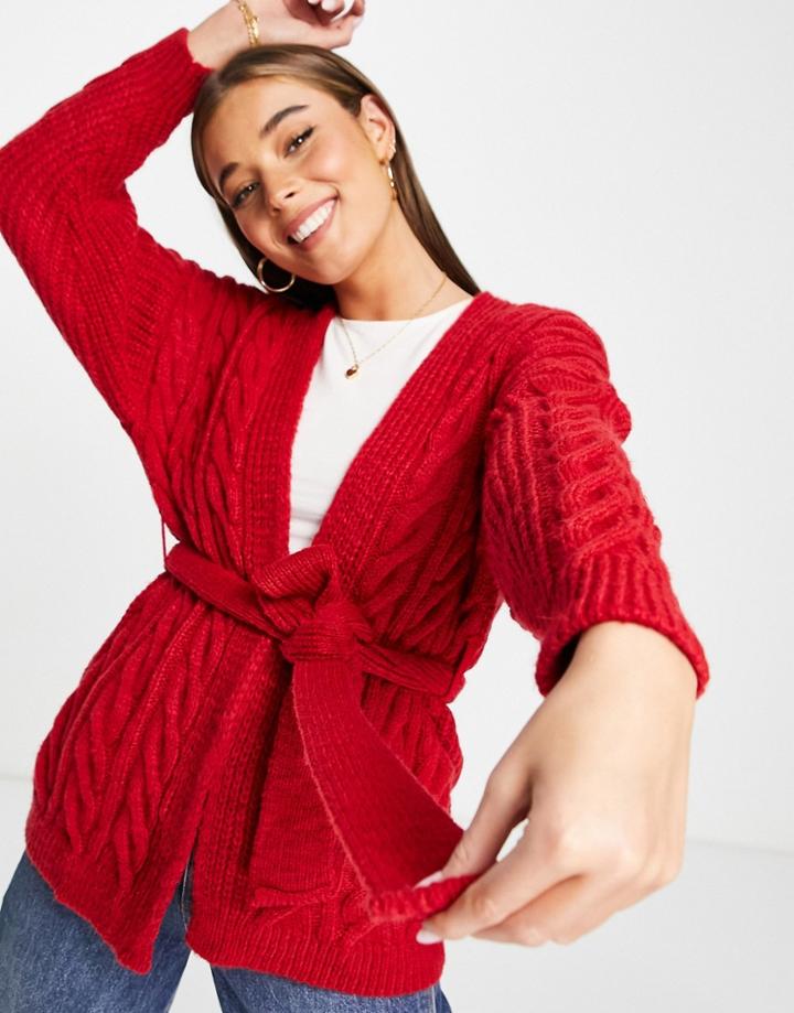 Asos Design Cable Cardigan With Tie In Red