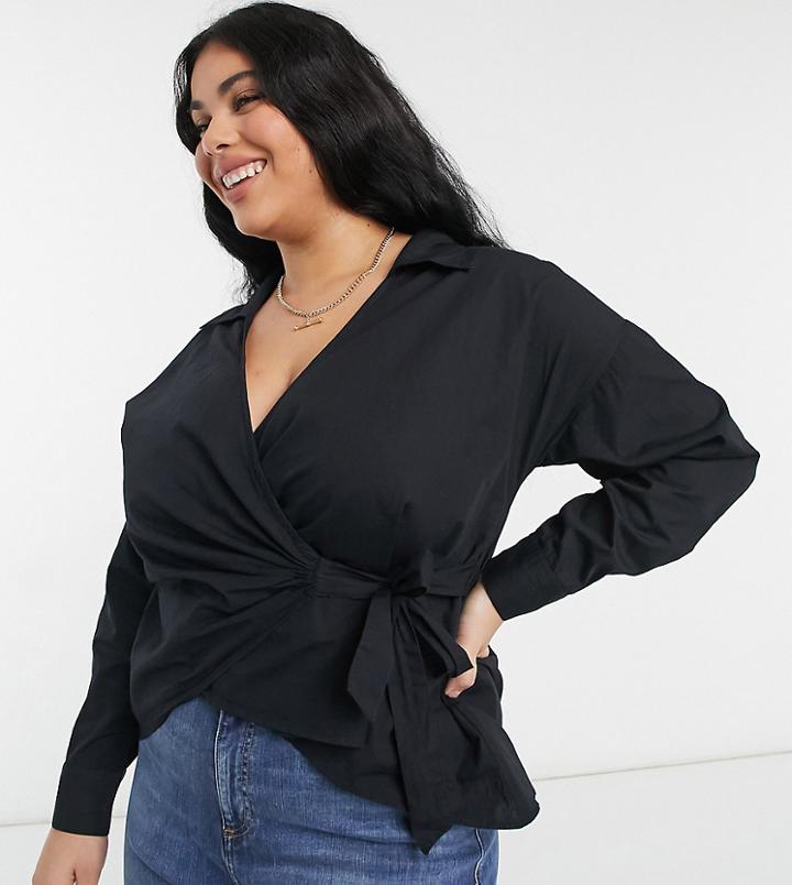 Simply Be Wrap Tie Cotton Poplin Shirt In Black