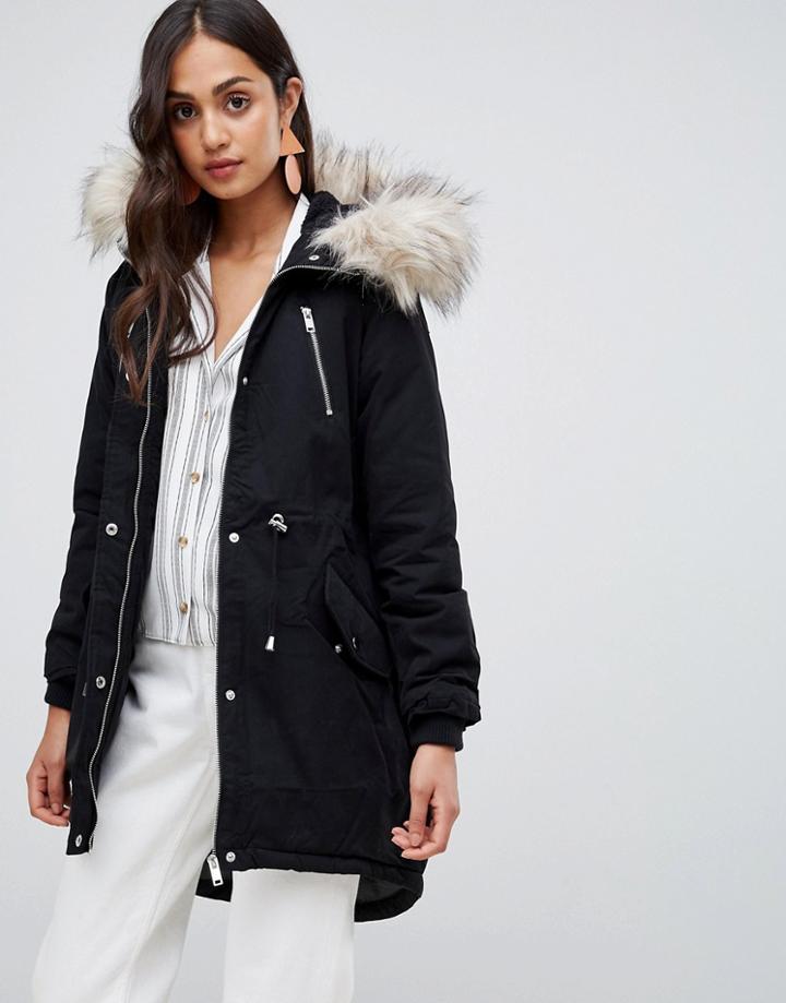 New Look Faux Fur Trim Parka - Black