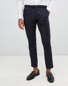 Moss London Premium Skinny Suit Trousers In 100% Wool Boucle Stripe - Navy