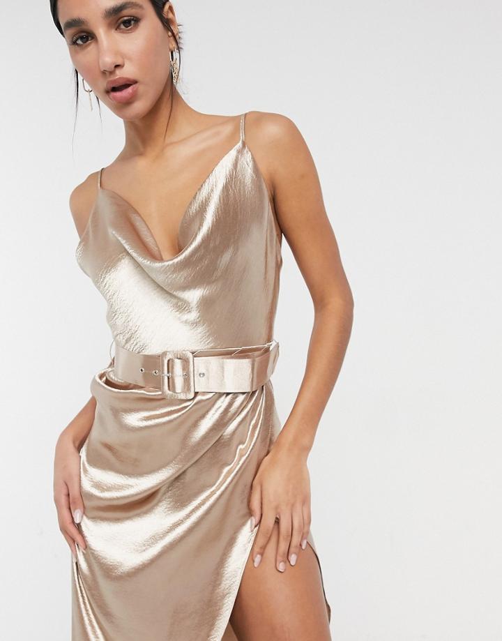 Asos Design Cami Satin Midi Dress With Cowl Neck And Belt In Soft Gold