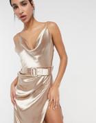 Asos Design Cami Satin Midi Dress With Cowl Neck And Belt In Soft Gold