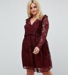 Asos Curve Lace Smock Mini Dress With Ruffles - Red