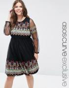 Asos Curve Premium Mesh Midi Dress With Embroidery - Black