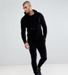 Asos Tall Tracksuit Muscle Hoodie In Velour With Curved Hem/ Super Skinny Velour Joggers - Black