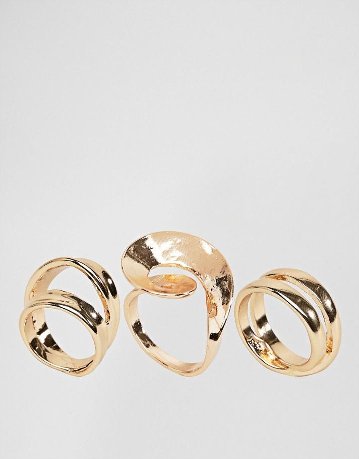 Asos Pack Of 3 Abstract Swirl Rings - Gold