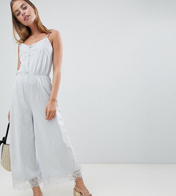 Asos Design Petite Cami Jersey Jumpsuit With Lace Trim And Button Front - Gray