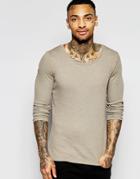 Asos Rib Extreme Muscle Long Sleeve T-shirt With Scoop Neck In Beige - Brown
