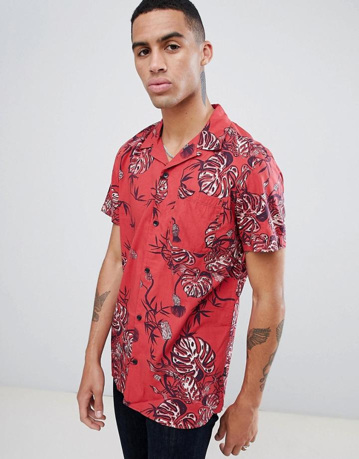 Jack & Jones Originals Short Sleeve Revere Collar Shirt In All Over Print - Red