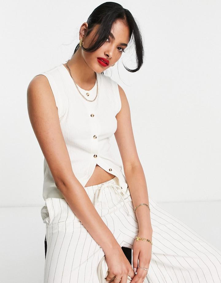 Topshop Sleeveless Rib Button Vest In White