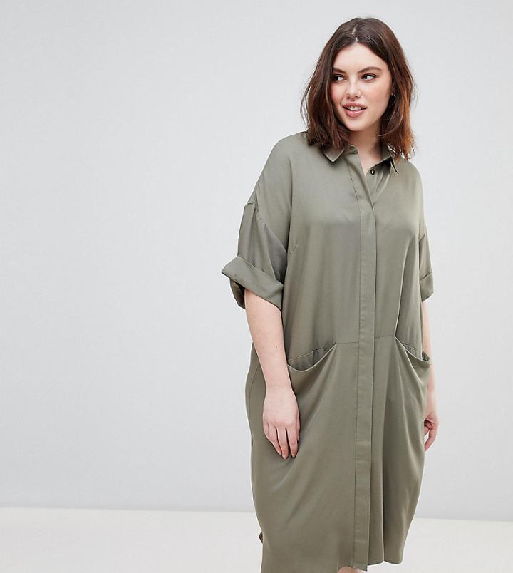 Asos Design Curve Short Sleeve Shirt Dress With Drape Pockets - Green