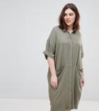 Asos Design Curve Short Sleeve Shirt Dress With Drape Pockets - Green