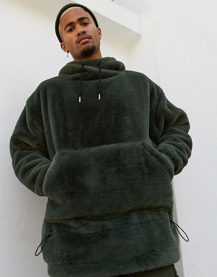 Asos Design Oversized Faux Fur Hoodie With Funnel Neck & Bungee Details In Khaki-green