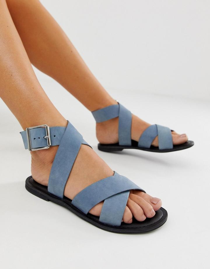Asos Design Flossy Leather Cross Strap Flat Sandals - Blue