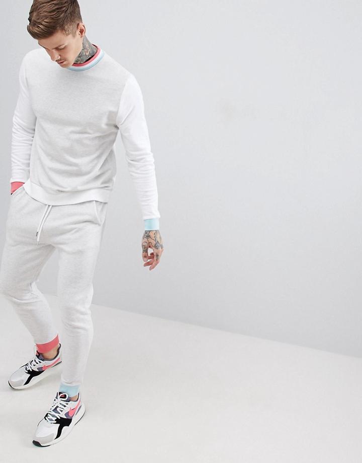 Asos Design Tracksuit Sweatshirt/skinny Joggers In Gray Marl Color Block - White