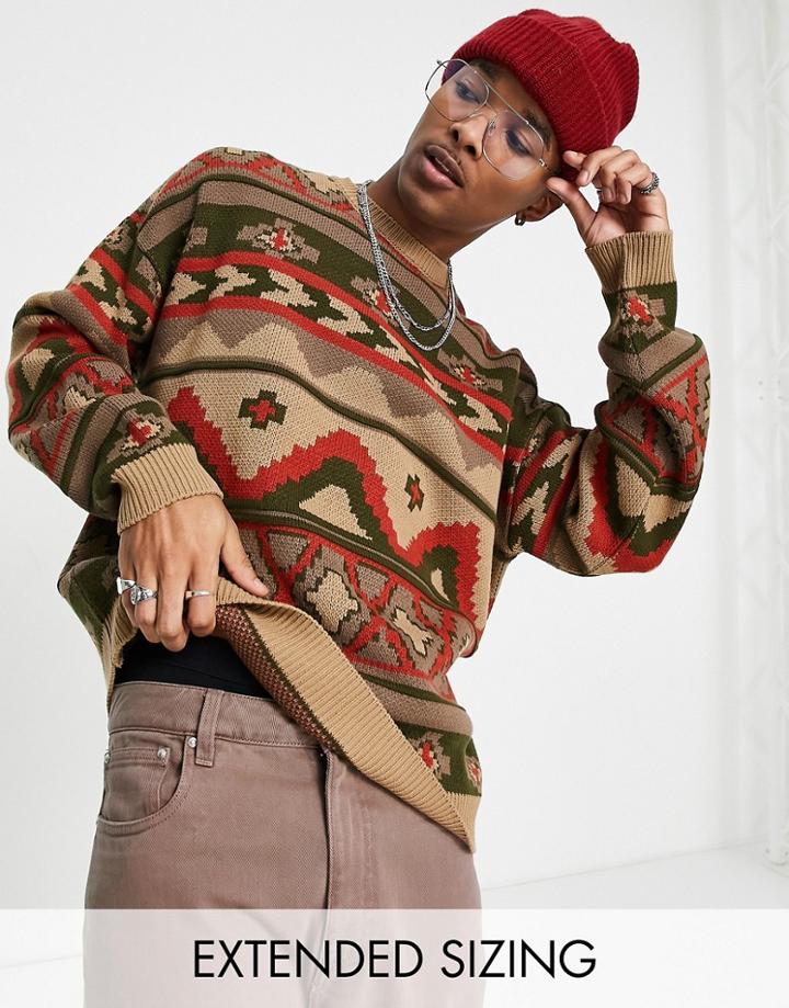 Asos Design Knitted Sweater With Aztec Pattern-brown