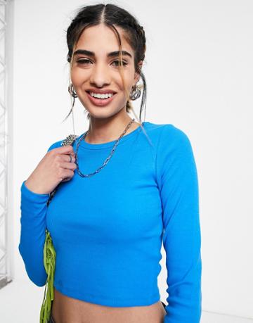Jjxx Feline Cropped Ribbed Long Sleeve Top In Bright Blue