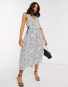 Asos Design Cotton Poplin Wrap Smock Midi Dress With Drawstring Waist In Mono Splodge Print-multi