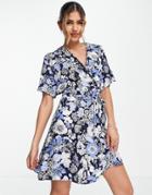 & Other Stories Tie Waist Mini Dress In Floral Print-blue