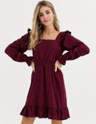 Asos Design Broderie Mini Dress With Frill Shoulder In Berry-red