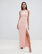 Ax Paris High Neck Maxi Dress With Side Split & Lace Detail - Pink