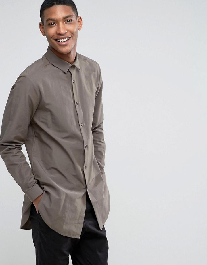 Asos Regular Fit Super Longline Shirt In Khaki - Green