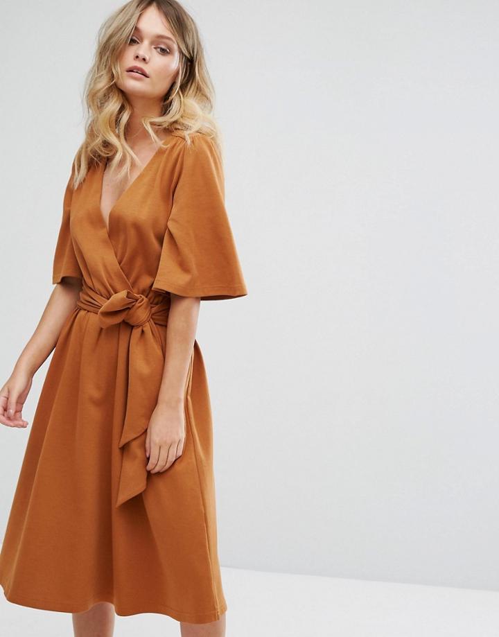 Moon River Wrap Midi Dress - Brown