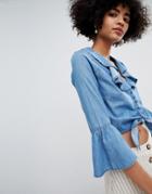 Asos Design Denim Tie Front Top With Ruffle Detail-blue