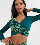 Wolf & Whistle Recycled Cross Over Long Sleeve Top In Teal-blue