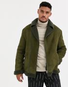 Asos Design Faux Shearling Biker Jacket In Khaki-green