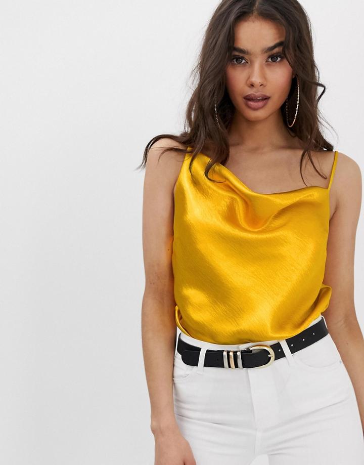 Asos Design Cowl Neck Cami In High Shine Satin - Gold
