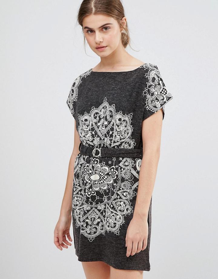 Jasmine Paisley Print Dress With Belted Waist - Gray